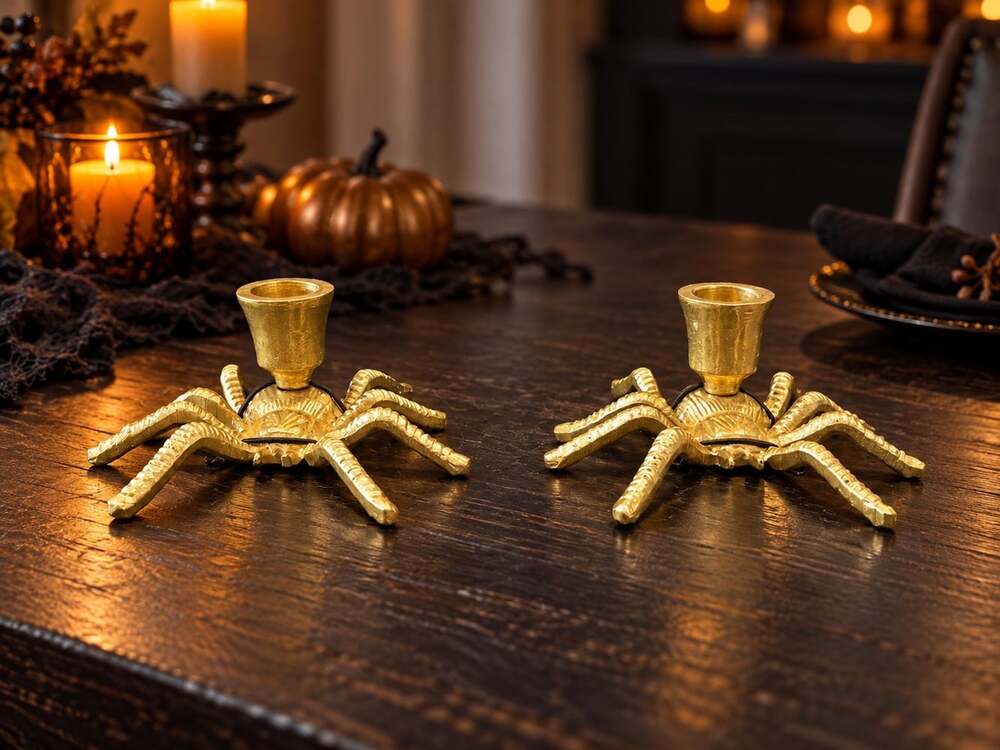 New MCM Gold Hollywood Regency Spider Tarantula Halloween Candle Holder Decor